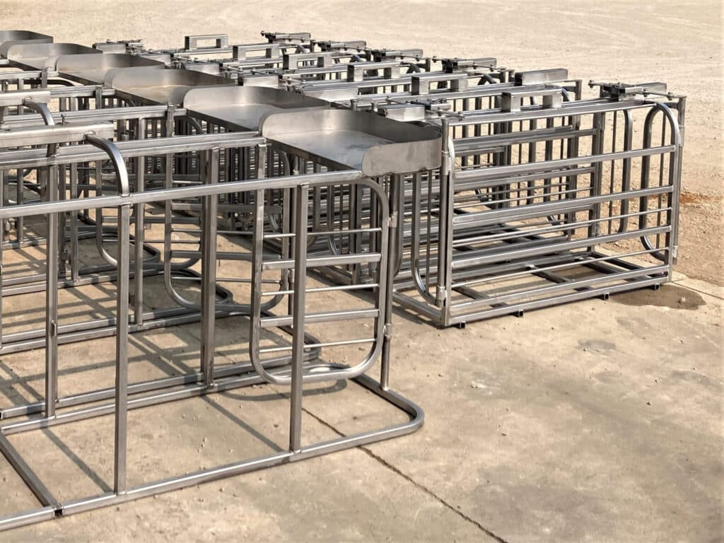 Rows of stainless steel hog scales